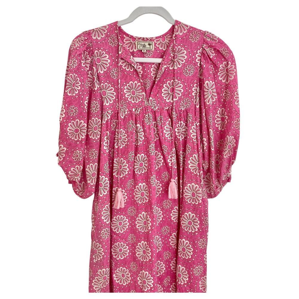 MILLE Resort Saffron Pink Daisy Print Cotton Puff Sleeve Midi Dress Tuckernuck - Picture 10 of 12